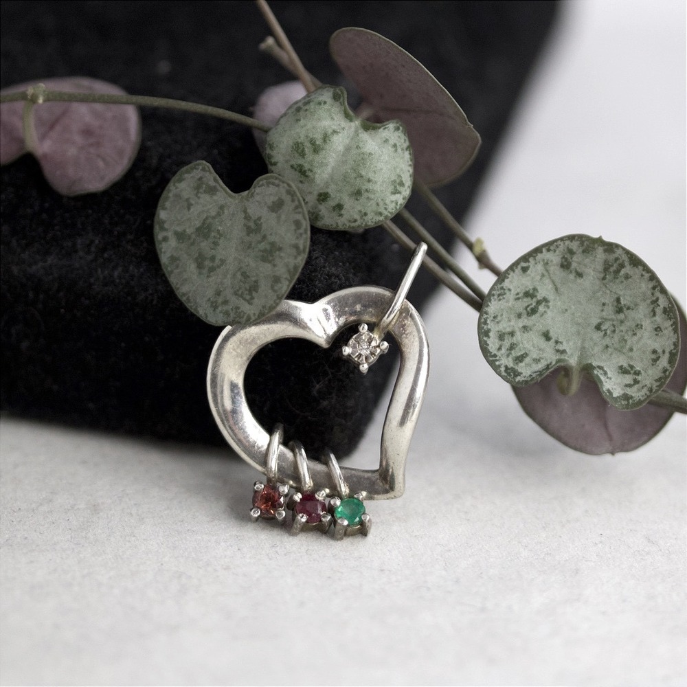 Lenox Sterling Silver 925 Open Heart Pendant Red Green Clear Gemstone Vintage
